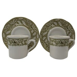 J G Meakin Teacups Saucers  Renaissance Green English Ironstone Set of Two SEE